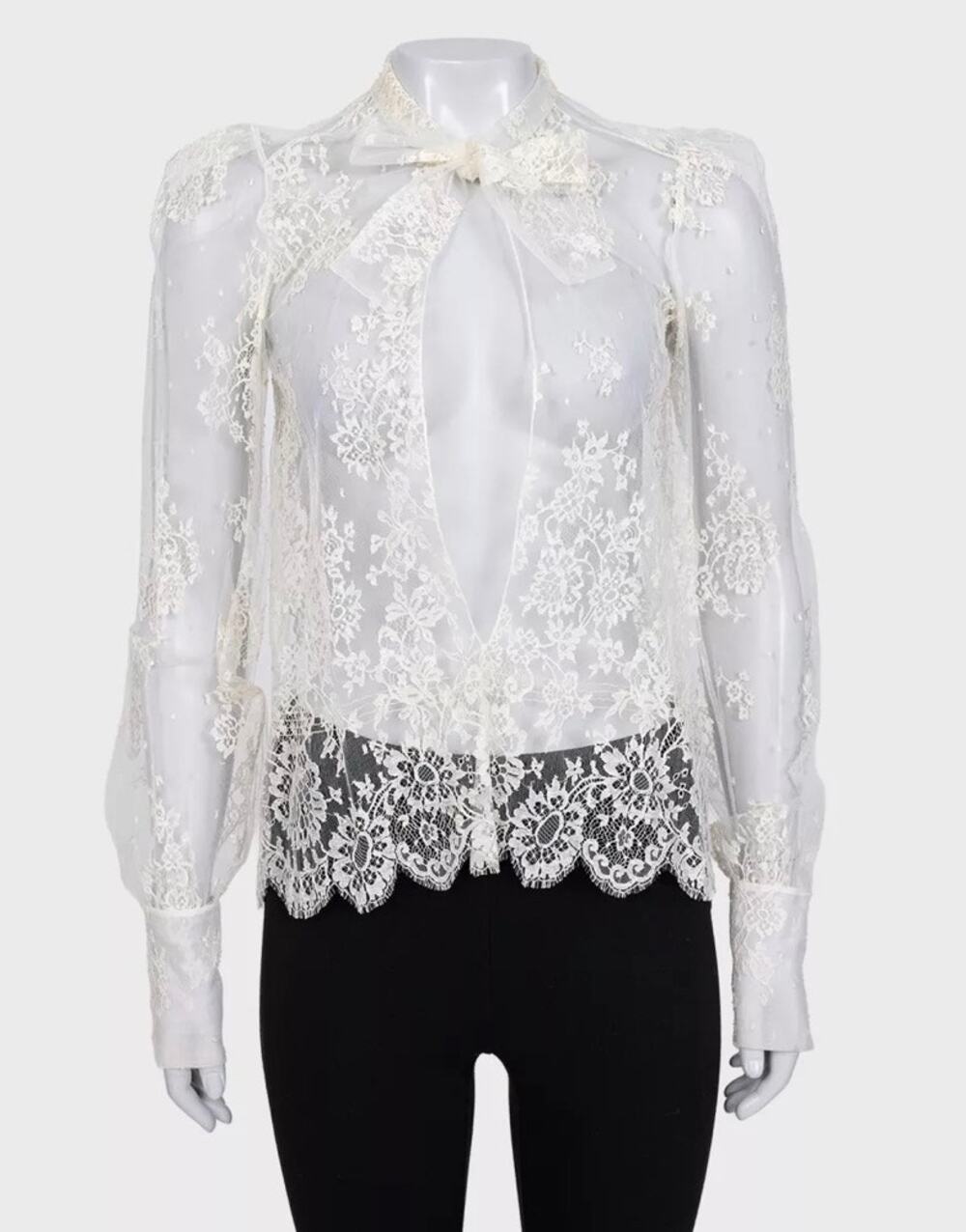 Christian Dior Vintage White Sheer Tie Neck Blouse Long Sleeve S